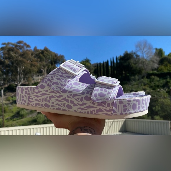 Armani Exchange Shoes - Armani Exchange Dual Strap Flat Slide Sandals Violet Purple Branded Print 9